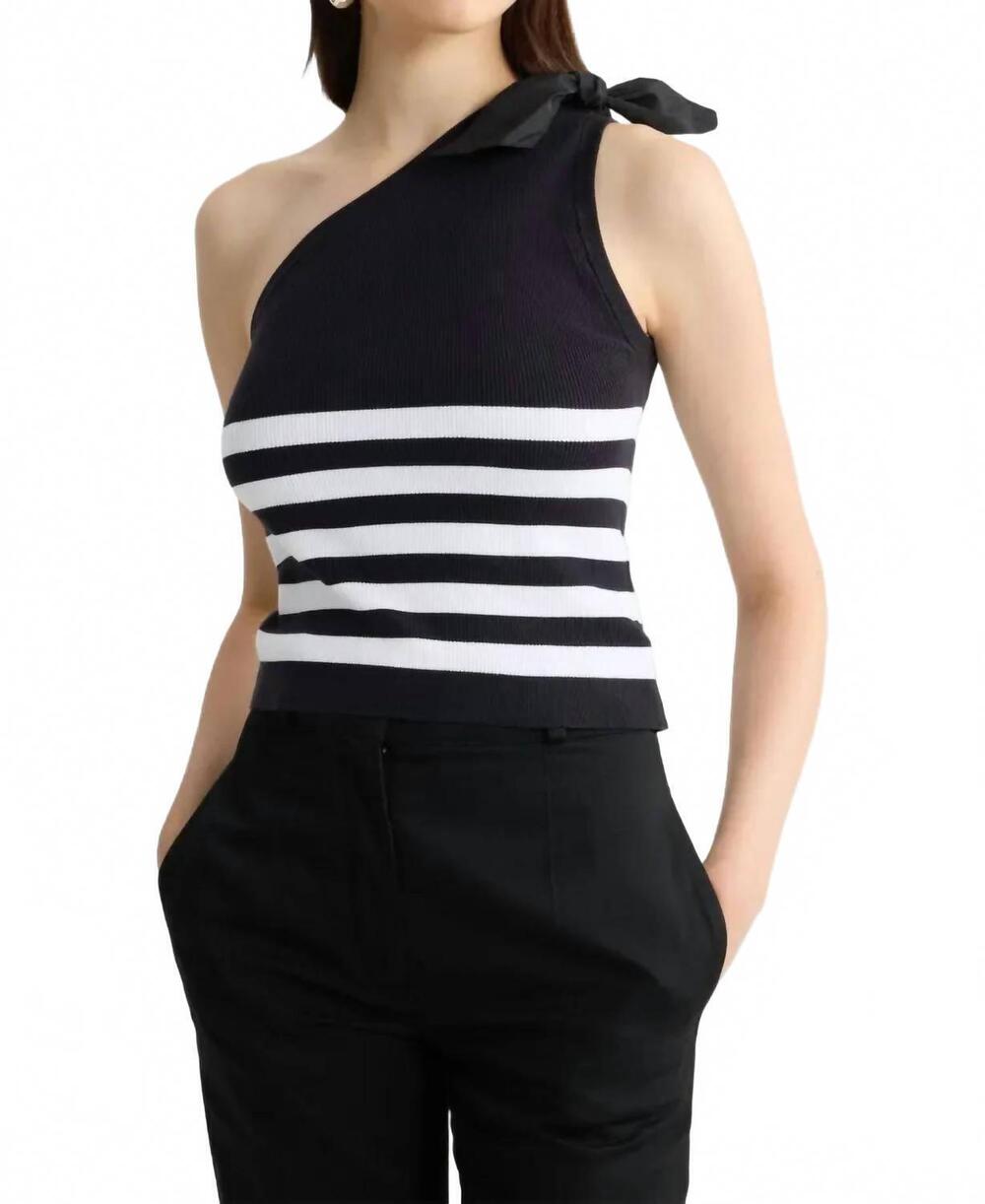 NEW PATOU striped one shoulder tie top in navy/white